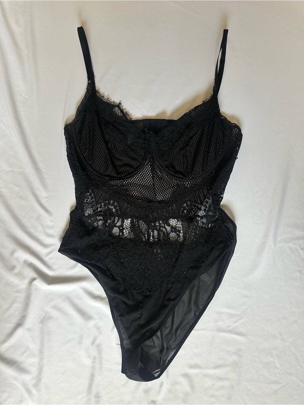 Bardot Black Lace Mesh Bodysuit with Sheer Panels - L/XL